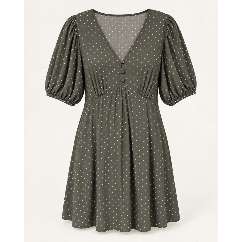 Gap Polka Dot Mini Dress XL Olive Green Puff Sleeve V-Neck Cottagecore Boho